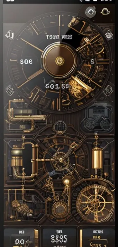 Intricate steampunk wallpaper with gears and clock elements in dark brown tones.