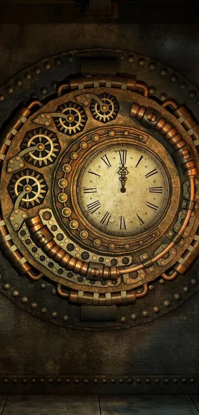 Steampunk gear clock wallpaper with vintage brass design.