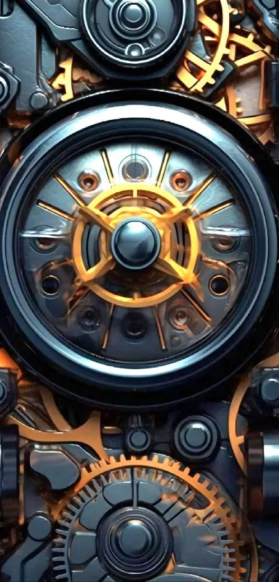 Intricate steampunk gear design with metallic and orange hues for mobile wallpaper.