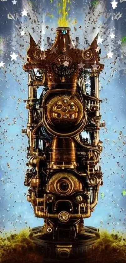 Steampunk gear explosion art with a vibrant cosmic backdrop.