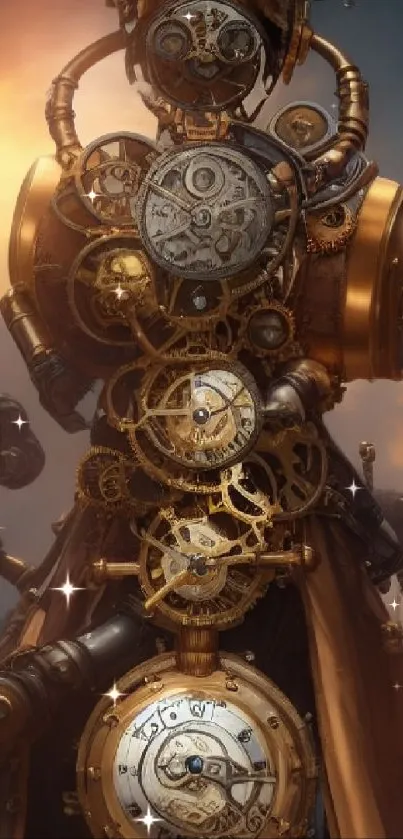 Steampunk fantasy art with intricate bronze gears and machinery.