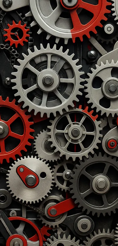 Complex arrangement of red and gray gears in steampunk style.