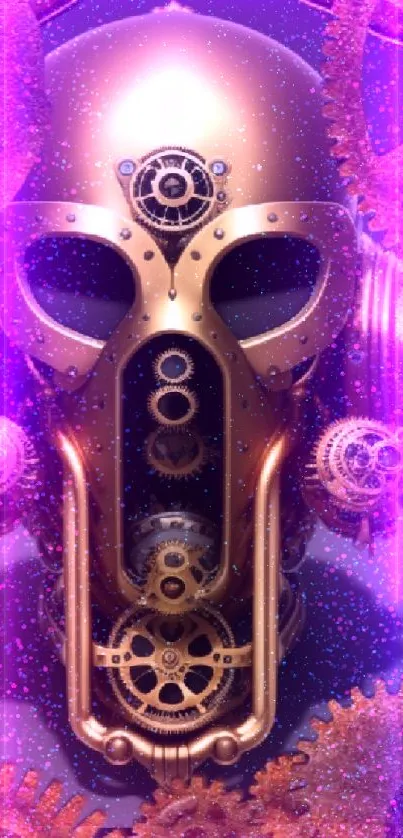 Steampunk gear mask design with brass gears and clockwork details.