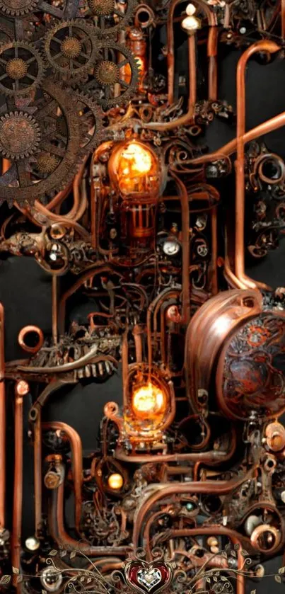 Intricate steampunk gear mechanism with glowing tubes on a dark background.