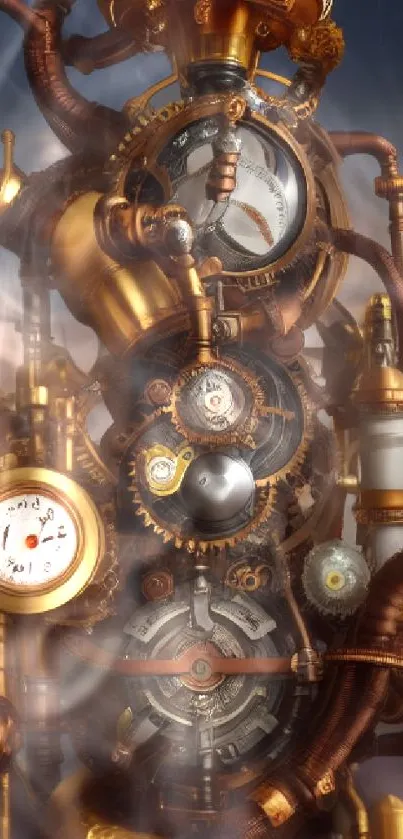 Steampunk gear mechanism with copper tones and intricate details.