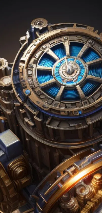 Steampunk gear mechanism wallpaper in blue and gold hues.