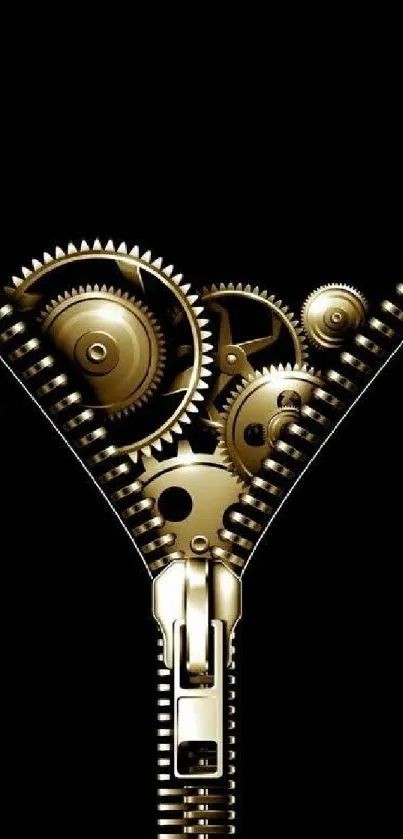 Golden steampunk gears and zipper on black wallpaper.