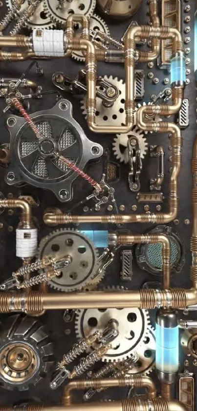 Intricate steampunk gear wallpaper with brass and blue accents.