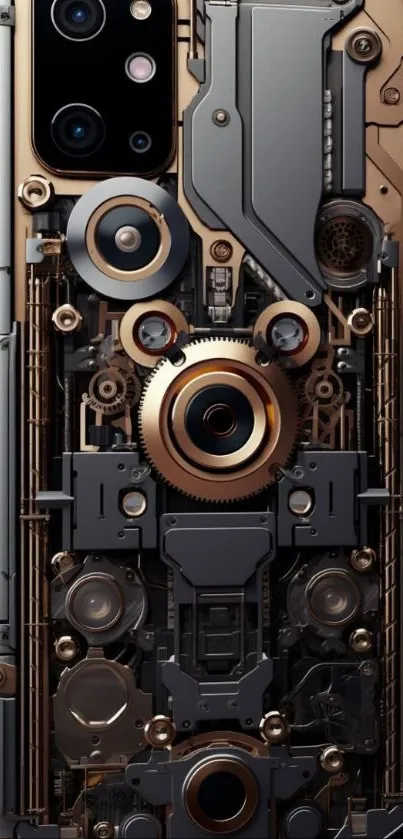 Steampunk gear design on mobile phone back.