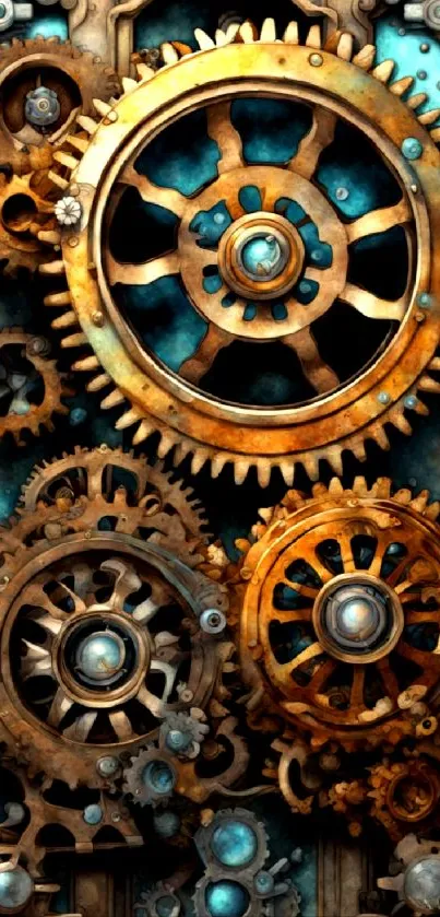 Steampunk gears with brass and teal elements in a mobile wallpaper design.