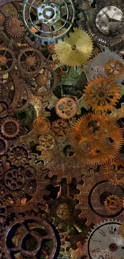 Steampunk gear design on a brown background for mobile wallpaper.