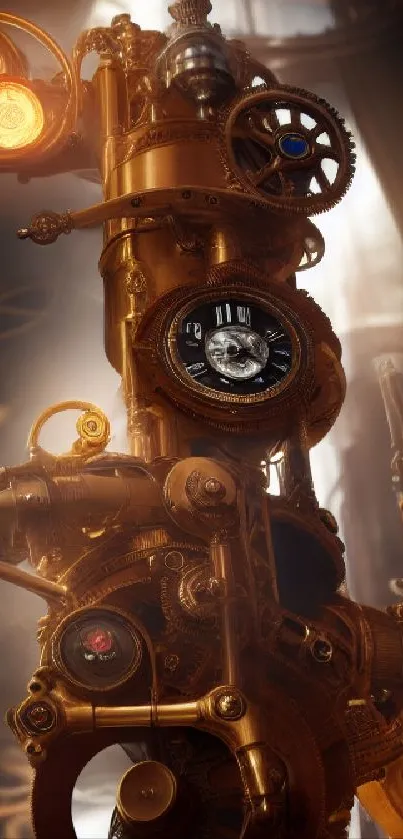Steampunk tower with gears and cogs in bronze tones, perfect for mobile wallpaper.