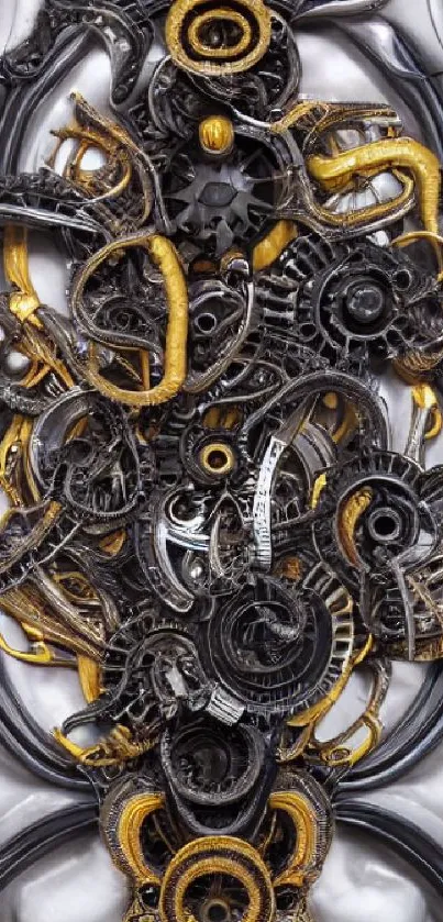 Steampunk abstract gears with metallic and golden details on a mobile wallpaper.