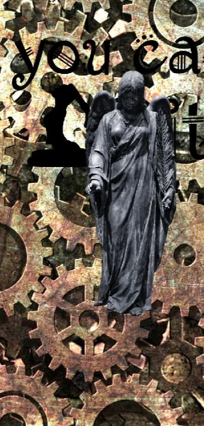 Steampunk gear wallpaper with vintage statue centerpiece.