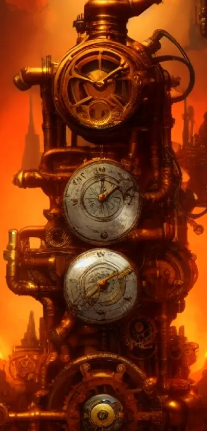 Steampunk mobile wallpaper with gears and fiery orange backdrop.