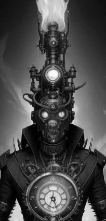 Steampunk mechanical figure wallpaper in grayscale.