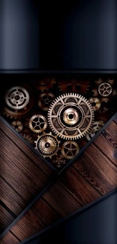 Steampunk-inspired wallpaper with gears and wood textures.