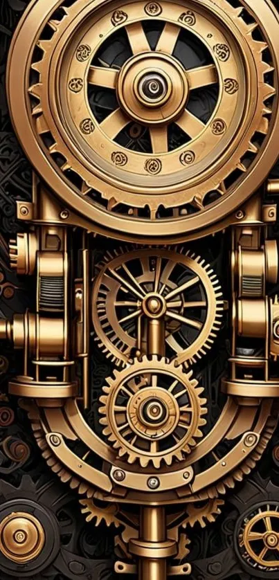 Steampunk design with golden gears on black background.