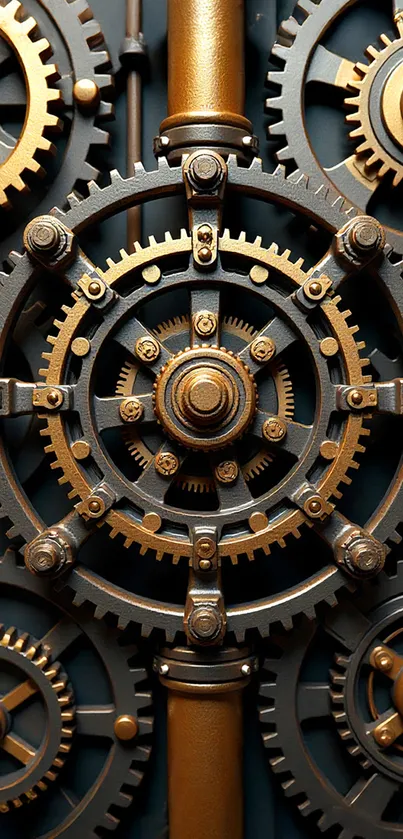 Intricate steampunk gears and cogs in bronze tones.