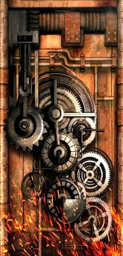 Intricate steampunk gears with flying sparks on a copper-toned background.