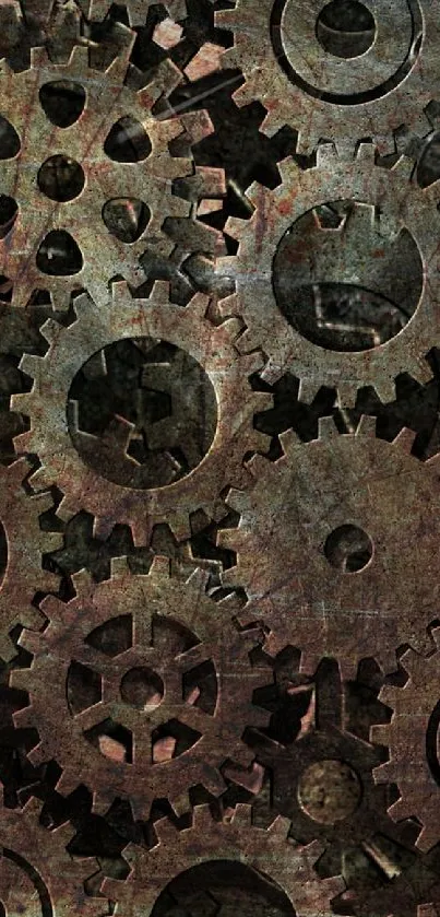 Steampunk gear wallpaper with cogwheels in dark brown hues.