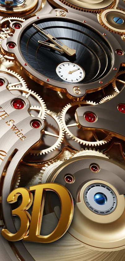 Steampunk gear wallpaper with golden cogs and red jewels.