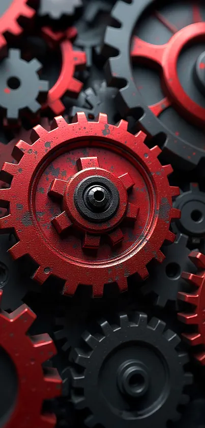Close-up of red and black steampunk gears.