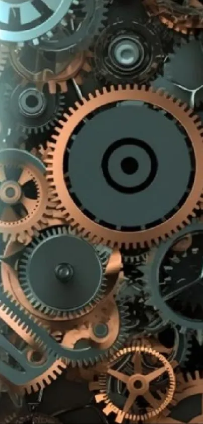 Steampunk gears mobile wallpaper featuring metallic cogs in motion.