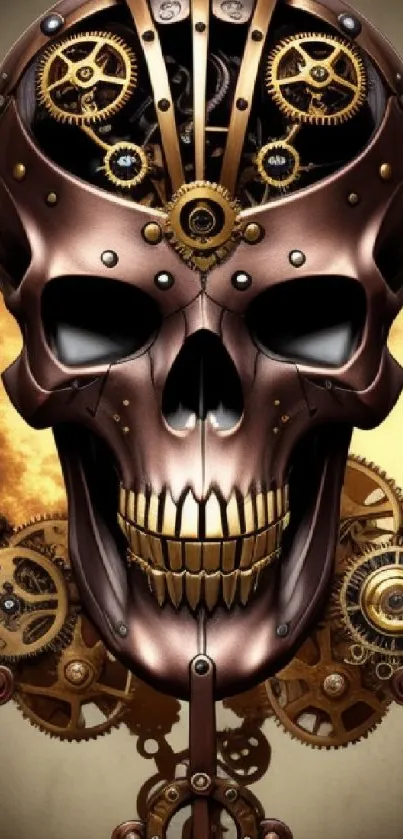 Steampunk skull with gears and bronze details wallpaper.