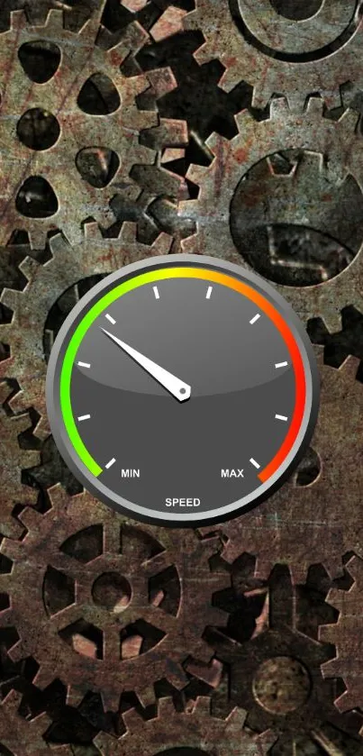 Steampunk gears and speedometer wallpaper for mobile screen.