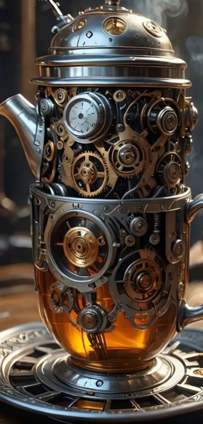 Steampunk teapot with intricate gears and mechanics.