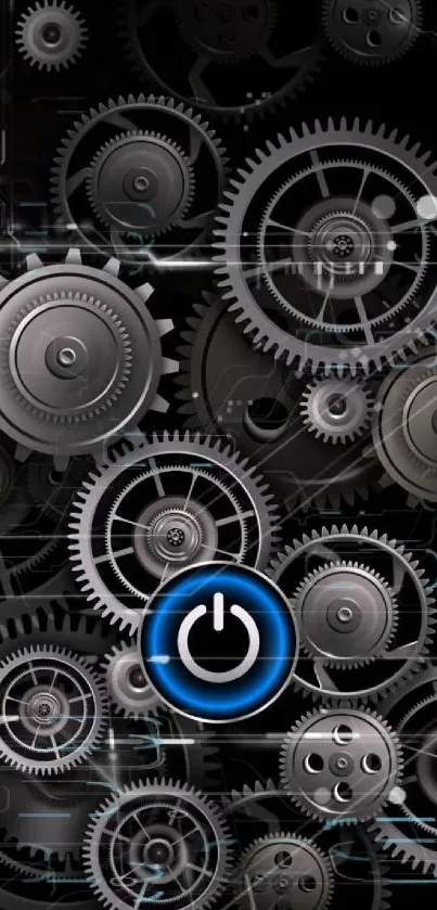 Steampunk gear wallpaper with blue power button.