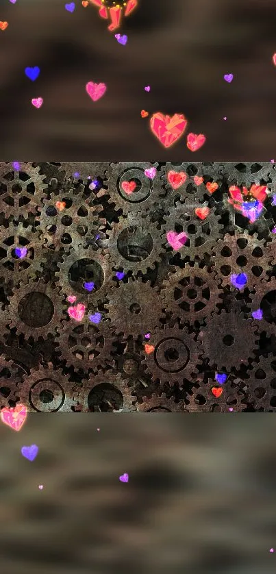 Steampunk gears with colorful hearts overlay wallpaper.