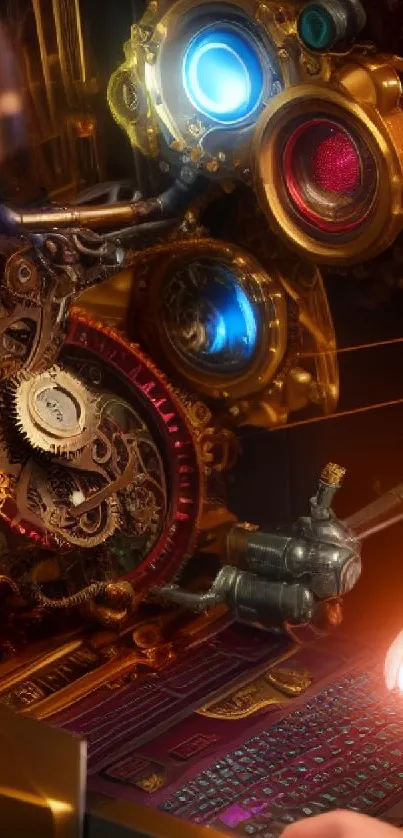 Steampunk-themed wallpaper with gears and glowing lights.