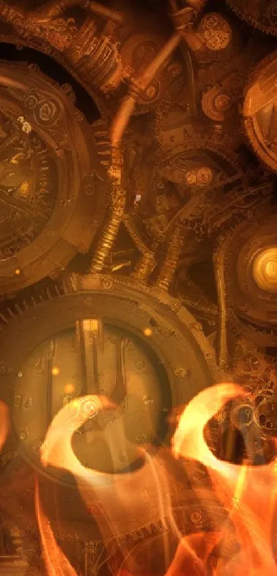 Steampunk gears and cogs mobile wallpaper with an orange-brown hue.