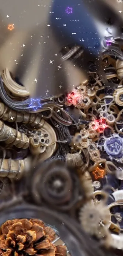Steampunk gears and stars fantasy wallpaper.