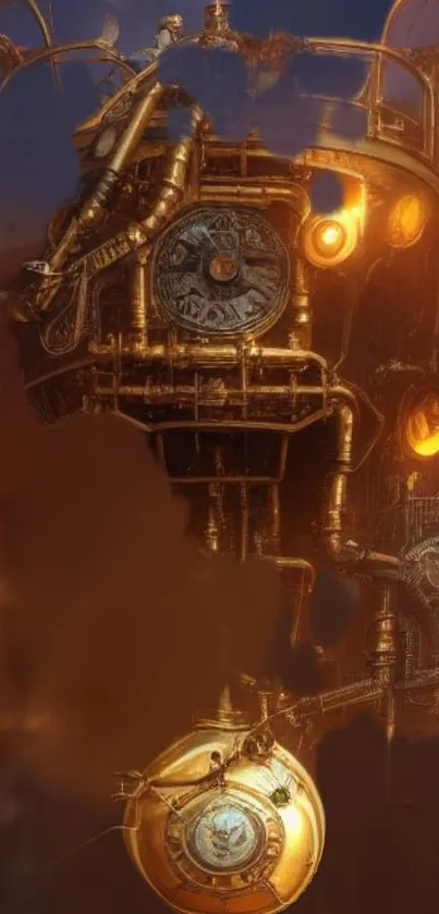 Steampunk machinery with glowing gears in golden brown hues, creating vintage allure.