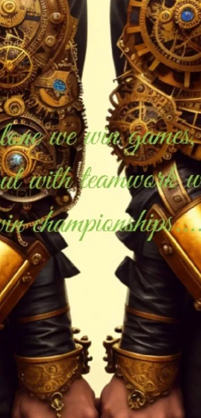 Steampunk gears with teamwork quote in gold theme.