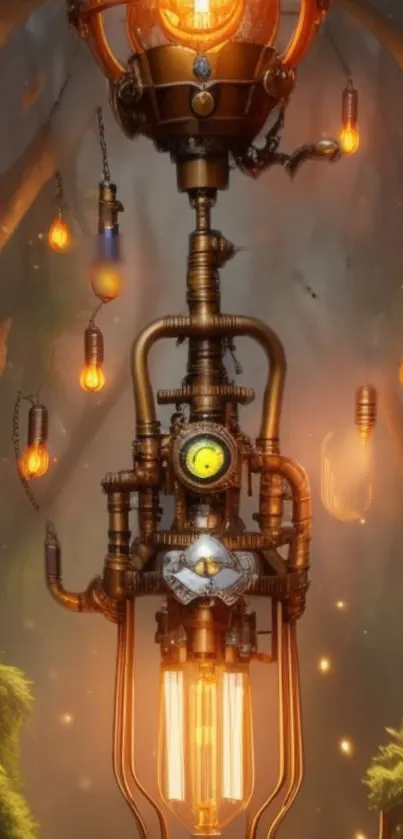 Mobile wallpaper featuring steampunk gears and glowing lights in a forest setting.