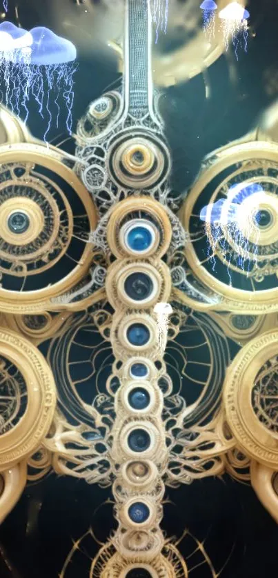 Intricate steampunk gears wallpaper with gold and metallic details.