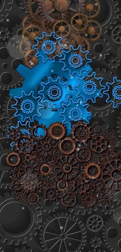 Steampunk wallpaper with blue and brown gears on dark background.