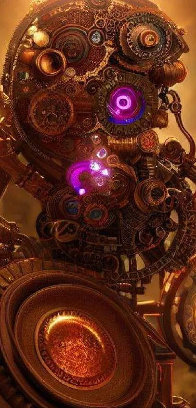 Intricate steampunk gears with glowing lights.