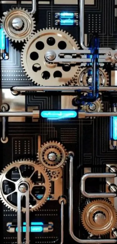 Steampunk gears with glowing blue tubes on a dark tech-themed wallpaper.