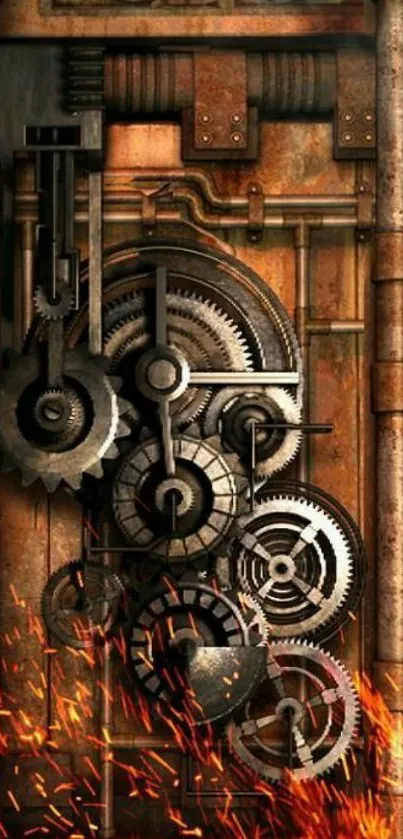 Steampunk gears with fiery sparks in a mobile wallpaper.