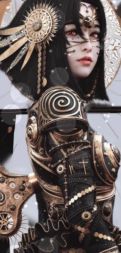 Steampunk geisha with intricate mechanical design.