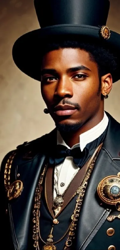 Steampunk gentleman in elegant attire with a top hat and vintage accessories.