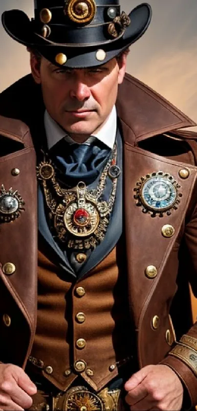 Steampunk gentleman with brown leather coat and intricate gear details.