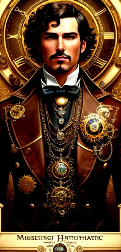 Steampunk gentleman in a vintage clockwork backdrop.