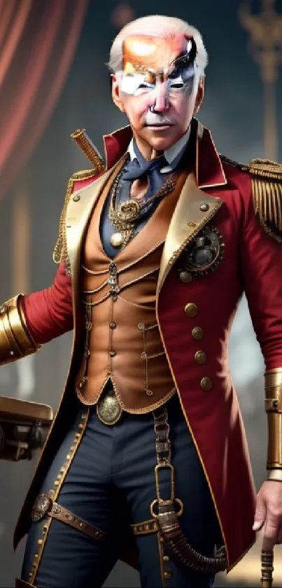 Steampunk gentleman in ornate red attire, mobile wallpaper.