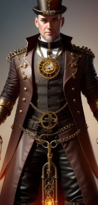 Steampunk gentleman with chains and vintage attire.